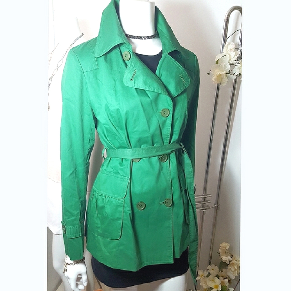 Vintage Trench Jacket☆90's NY☆Double Breasted☘Green☘Bleow Hips